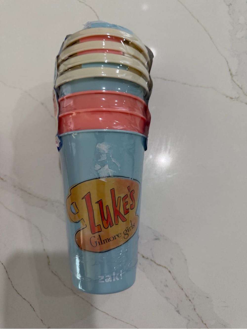Luke's Gilmore Girls Blue Stackable Coffee Cups by Zak Set of four with tops.